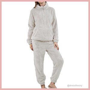 Women's 2 Piece Fluffy Fleece Pajamas Set Cozy Sleepwear Half Zip Pullover